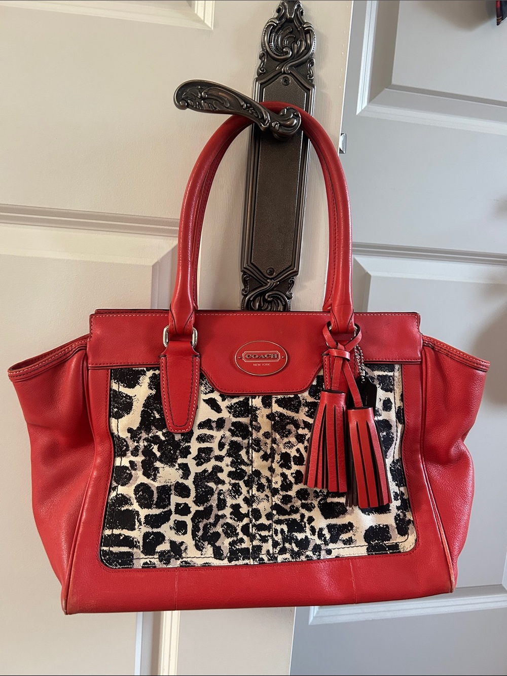 vintage Coach Red Leather Shoulder Tote with Black & White Animal Print Panel